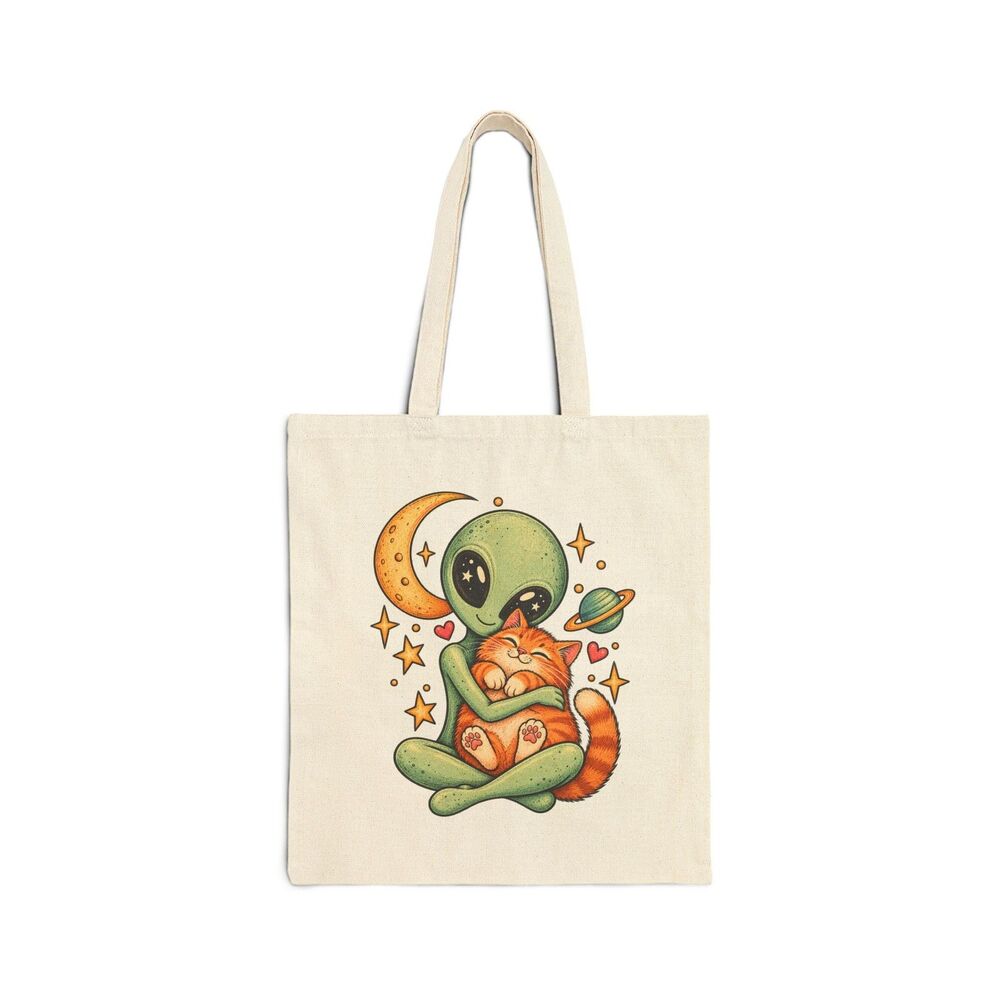 Alien Hugging Cat Tote Bag | Space Moon Stars Illustration